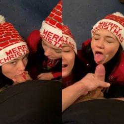 Sisters Give Their Christmas Present | threesome ffm blowjob sucking balls cumshot facial
