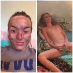 Slut plays with her pussy with her roommate in the room watching her