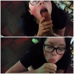 After Hours at GameStop, Nerdy Teen Gives Coworker a Sloppy Blowjob  & Swallows His Cum