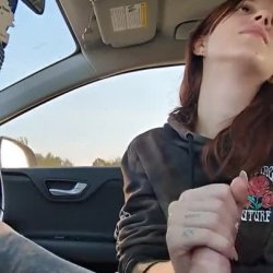amazing teen with a beautiful face gives her boyfriend a blowjob in a car