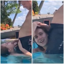 Girl films her slutty friend sucking cock in a public pool.