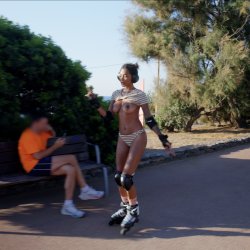 Roller Blade Babe Topless in public