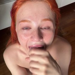 Hot fiery redhead takes a thick cock deep down her throat. Sub OF