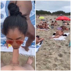 Crowd Gathers As Petite Ebony Slut Sucks Dick On Public Beach