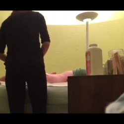 Guy getting his pubic hair waxed at a beautician when she suddenly grabs his dick and finishes him.