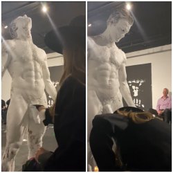 [CFNM] Artist gets a little too handsy with the nude model at an art show