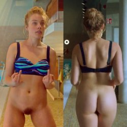 Actress shows her hairy pussy and ass in pool