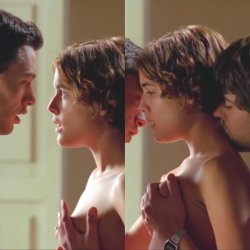 Two Lucky Actors Grope Her Tits in Movie Scene