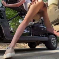 Bbc fucks some cute slim white pussy outdoors by the golf cart on the pathway.