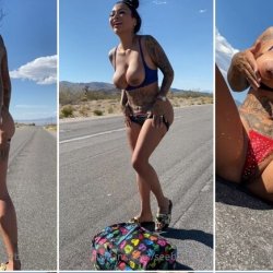 Slut milf begs for a ride and strips naked on the road